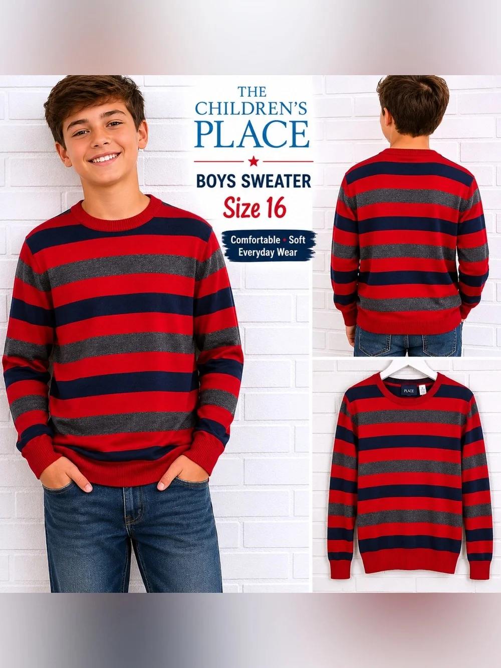 The Children’s Place Boys Striped Sweater Size 16 Red Blue Gray Crewneck